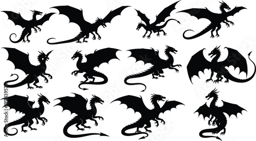 Flying dragon silhouette collection featuring winged mythical creatures in dynamic airborne poses isolated on white background fantasy vector set