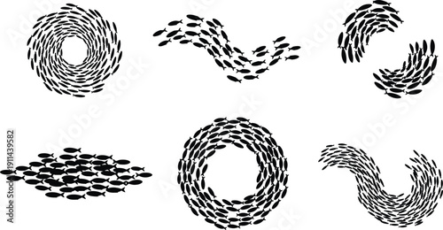 Fish school silhouette forming circular spiral and flowing shapes, abstract underwater movement concept illustration in black and white