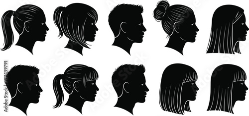 Diverse collection of ten black silhouette profiles of male and female heads showcasing various hairstyles and hair lengths