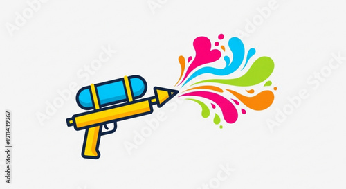 Colorful water gun spraying vibrant paint splashes in various hues on white background for creative fun