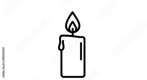 Simple line art illustration of a burning candle with a teardrop shaped flame and melted wax