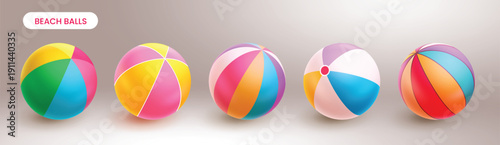 Colorful 3D style beach balls vector set design. Glossy striped inflatable pool toys for summer vacation and recreation collection. Vector illustration.