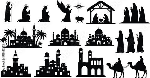 Nativity scene silhouette collection featuring Jesus Mary Joseph angels wise men camels and biblical Bethlehem architecture isolated on white background vector set