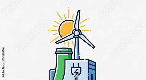 Renewable energy sources wind turbine and solar power eco friendly cityscape with green and blue buildings sunny day sustainable living concept