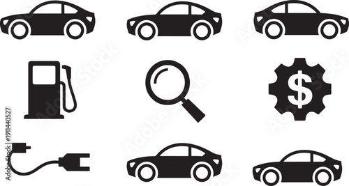 Black car and transportation gas pump magnifying glass