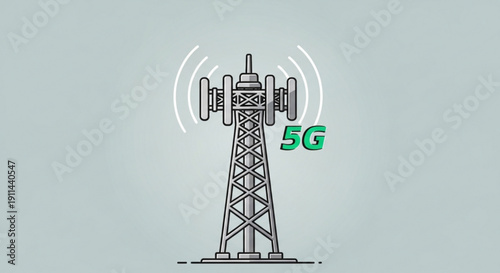 5g cellular network tower with signal waves on gray background illustrating wireless communication technology