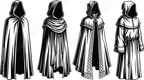 Collection of four distinct medieval hooded cloaks and robes in black and white style costume