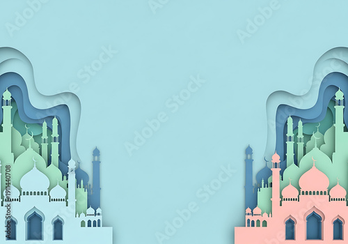 Multi-layered 3D Paper-cut Mosque Background with Bright Pastel Tones and Center Space