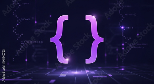 Glowing purple curly braces symbol on dark background with grid and code elements representing programming and coding concepts