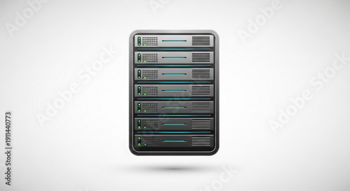 Server tower with multiple disk drives and circuit boards on a plain white background for data storage and technology concepts