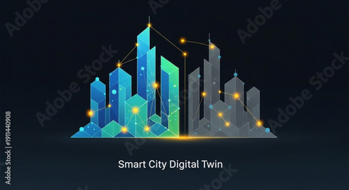 Smart city digital twin with glowing blue and gray skyscrapers on dark background