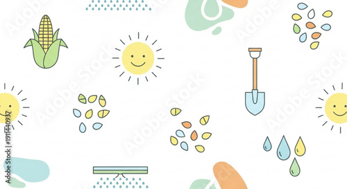 Whimsical garden icons with smiling suns corn raindrops and shovel on white background