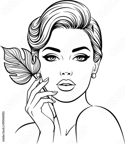 Vintage woman with stylized hair and a delicate leaf adornment in a classic black and white retro