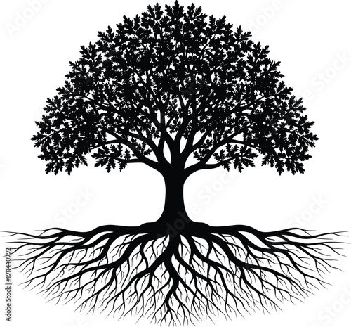 Tree with roots silhouette illustration, symbolic oak tree and underground root system design, isolated nature growth concept, minimalist botanical graphic art