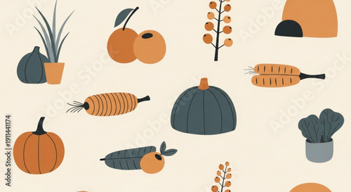 Autumn harvest pattern with pumpkins carrots and squash on beige background fall seasonal illustration