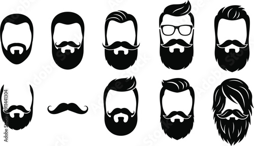 Assortment of black silhouette representing different beard and mustache styles for men men's grooming