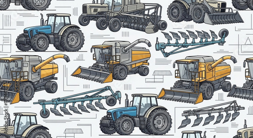 Tractors and agricultural machinery illustrations farming equipment drawings industrial vehicles farming tools and harvesters on a technical background