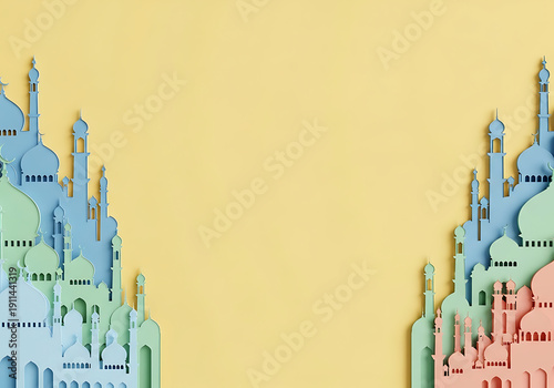 Modern 3D Paper-cut Mosque Silhouette Background with Pastel Colors and Copy Space