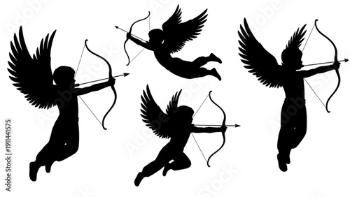 Silhouettes of Cupids with Bows and Arrows in Various Poses