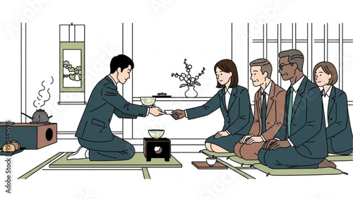 Diverse Business Professionals Experience a Traditional Japanese Tea Ceremony, Embracing Cultural Etiquette and Hospitality