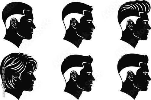 Collection of black male silhouette profiles showcasing diverse modern hairstyles and haircuts against a white background