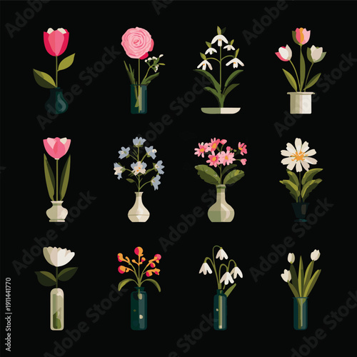 Create a different kinds of Flower flat icon set isolated on black. Various flowers in a vase including rose, tulip, orchid, Espatifilo, bells flowers, Bellis perennis, bulb flowers