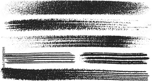 Abstract Grey Brushstroke set Texture with Splatter and Grunge Effects, Black Brush Stroke Overlay on White Background.