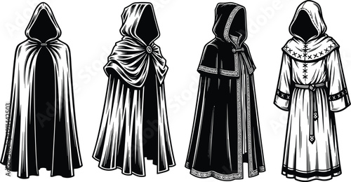 Four distinct hooded cloaks and robes in black and white illustrating different styles of mysterious medieval or fantasy attire