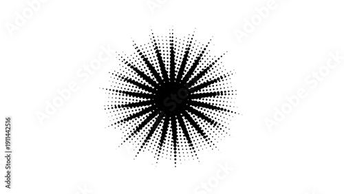 Radial burst of black dots and lines radiating outwards from the center on a white background