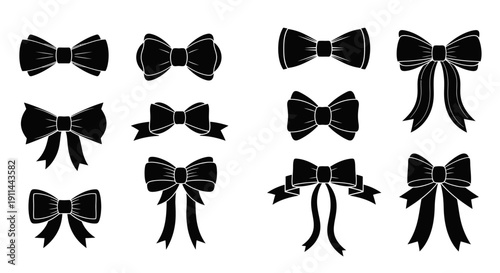 Black bow tie and ribbon bow icon set featuring various shapes and styles.
