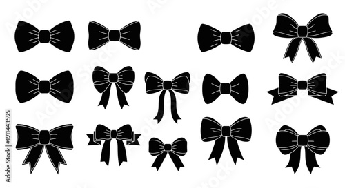 Black bow tie and ribbon bow icon set featuring various shapes and styles.