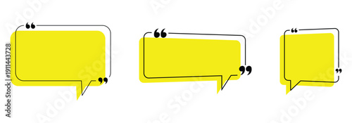 Set of text box with black quotation mark are used for  adding text, newsletters, articles, and presentations. Textbox on yellow background.