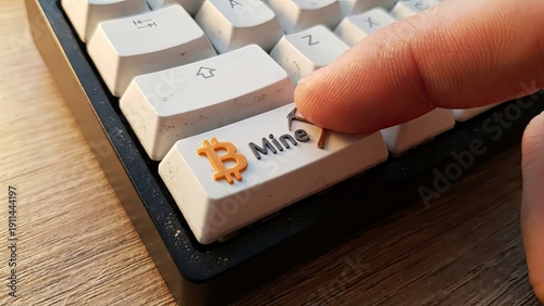 Bitcoin Mine Key: A finger presses the 'Mine' key on a keyboard, highlighting the concept of crypto mining with a bitcoin symbol, inviting viewers to explore the digital realm. 