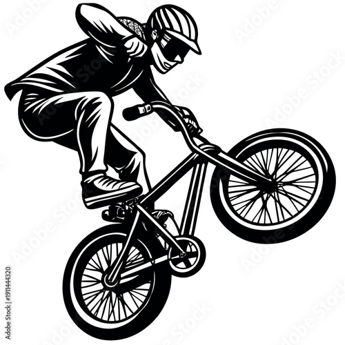 A BMX rider performing a stunt mid air. 