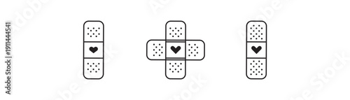 Medical cute illustration of band aid in outline style. Medical bandage plaster line icon. Bandage Icon with cute heart symbol. isolated white background. eps10