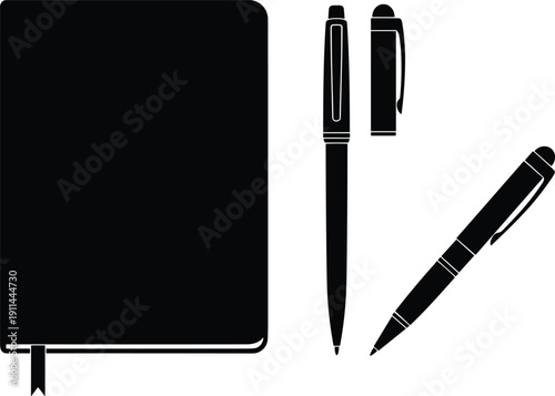 Black silhouette collection of notebook with bookmark and various office pens, isolated on white background for stationery and writing concept designs