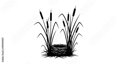 Silhouette of cattails and a bird's nest, depicting nature's habitat and wetland plants.