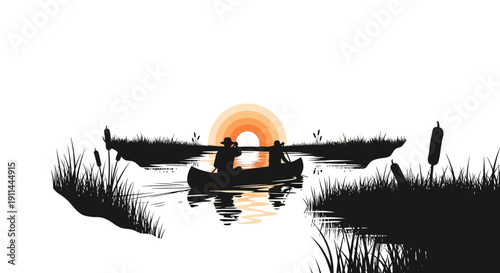 Two people canoeing at sunset on a calm lake with reeds and reflections, vector illustration.