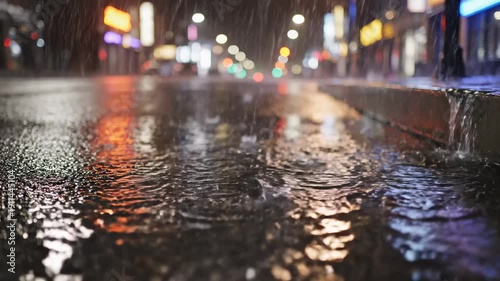 Wallpaper Mural Nighttime urban rainfall reflecting neon lights on city street pavement Torontodigital.ca