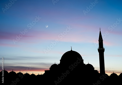 Minimalist Mosque Silhouette with Faint Crescent Moon in Deep Blue Evening Sky