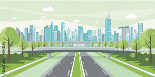 An urban highway leads toward a bustling China city downtown skyline with illuminated skyscrapers and night traffic under a clear sky