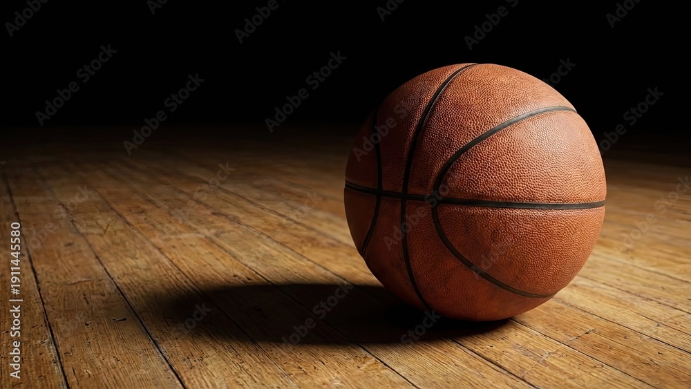 Obraz premium Basketball on the Court: A close-up shot of a classic basketball resting on a polished wooden court, dramatic lighting, shadow play, and texture create a captivating composition. 