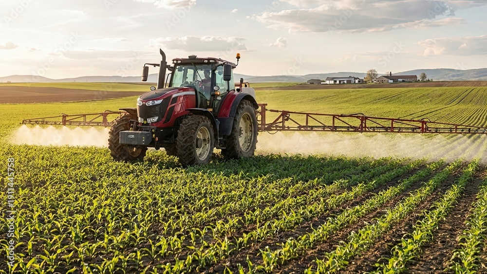 Obraz premium Modern Tractor in Field: A powerful, modern tractor sprays agricultural crops in a verdant field under a vast, open sky, showcasing the synergy between technology and nature in agriculture.
