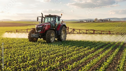 Modern Tractor in Field: A powerful, modern tractor sprays agricultural crops in a verdant field under a vast, open sky, showcasing the synergy between technology and nature in agriculture.
