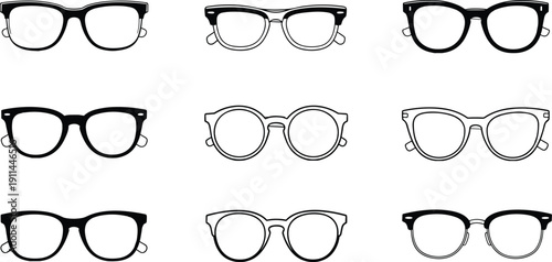 Collection of black eyeglass frames and sunglasses icons set, various modern spectacles and eyewear fashion styles isolated on white 