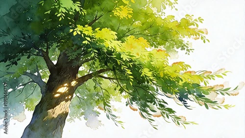 Large green tree with sunlight in forest watercolor painting