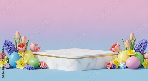 Modern easter podium with colorful floral pattern background for spring display