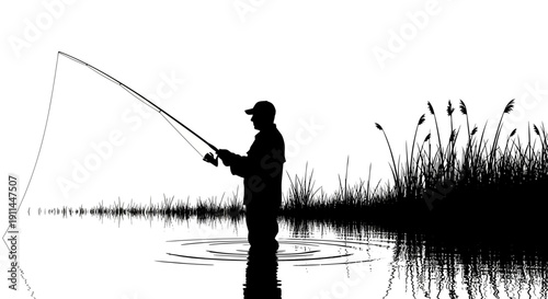 Silhouette of a fisherman standing in water with a fishing rod, surrounded by reeds, reflecting on the surface.