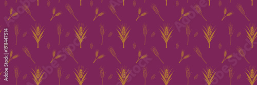 Seamless wheat pattern with golden wheat ears on dark purple background, flat vector agricultural illustration suitable for textile and packaging design