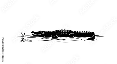 Black silhouette of an alligator or crocodile swimming in water with reeds, isolated on white background.